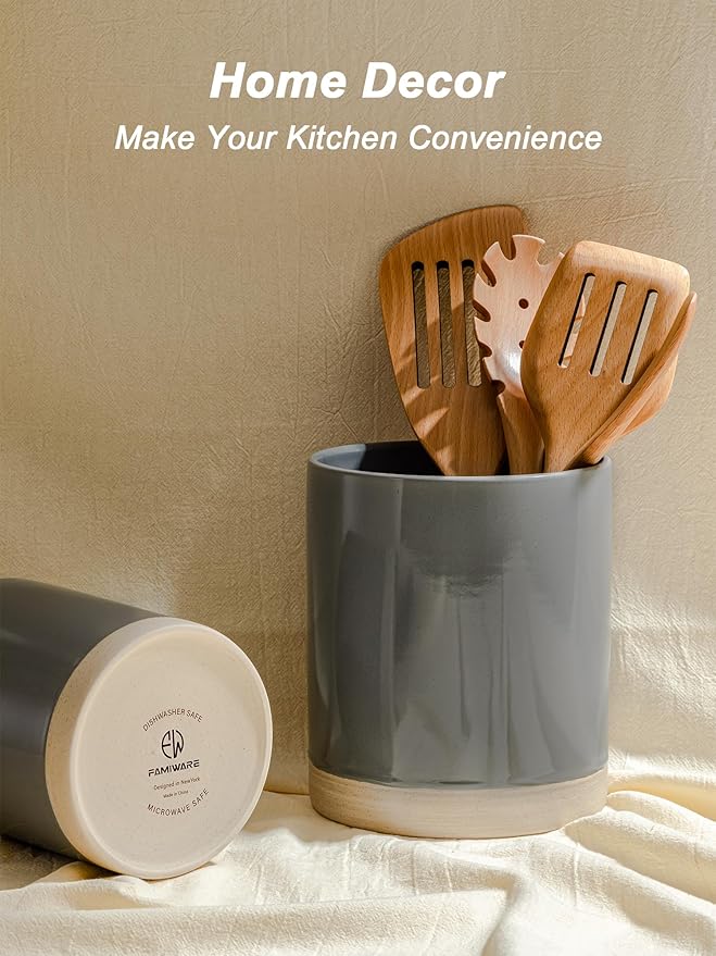 Famiware Mars Plates and Bowls Set of 12 and Milkyway Kitchen Utensil Holder for Countertop Set of 2 14 Pieces Dinnerware Sets Dark Gray