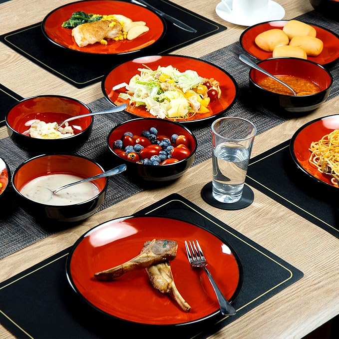 TP 18-Piece Dinnerware Set Melamine Dishes Set with Bowls and Plates Service for 6 Non-breakable Lightweight Dining Tableware Black and Red