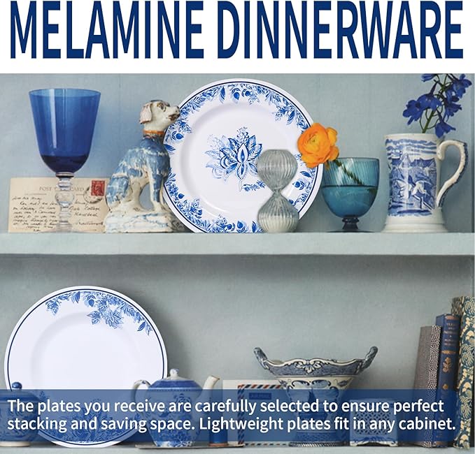 Melamine Dinnerware Sets-12pcs Floral Dinnerware Set Service for 4 Blue White Plates and Bowls Sets Dishwasher Safe Break-resistant Outdoor Camping Picnics Use Reusable Traditional Flower