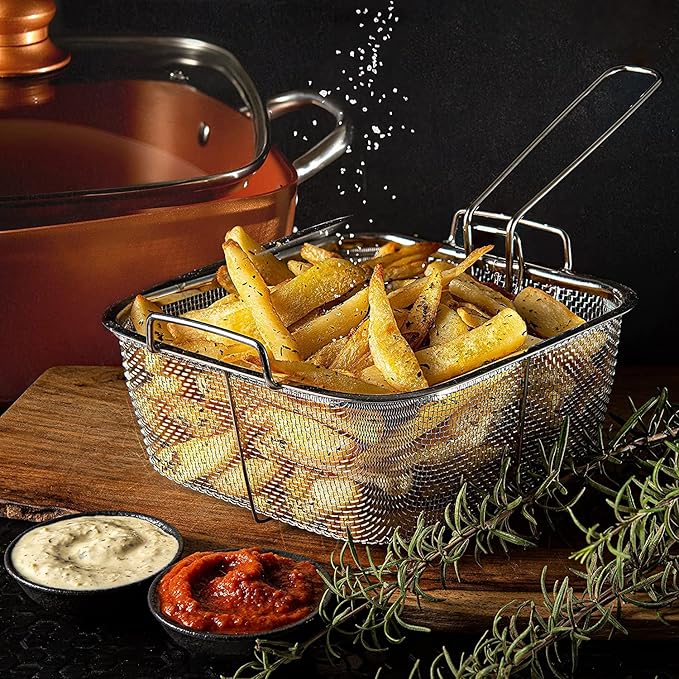 Moss &amp Stone 5 Pcs Copper Chef Cookware Non Stick Deep Frying Pan Fry Basket Steamer Rack Dishwasher &amp Oven Safe 5 Qt Deep Square Pan Induction Copper Cookware Set - 9.5 x 3.5