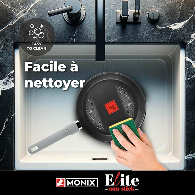 Monix Elite Non Stick Set of 3 Frying Pans 20-24-26 cm 18/10 Stainless Steel Three-Layer Non-Stick Coating PFOA-Free TherMonix Temperature Display Ergonomic Soft Touch Handle