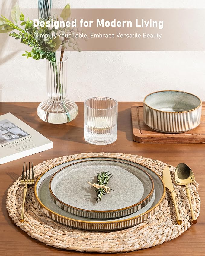 GBHOME 18-Piece Stoneware Dinnerware Set for 6 – Ribbed Ceramic Plates and Bowls Scratch-Resistant Microwave &amp Dishwasher Safe Reactive Glaze Mist Green