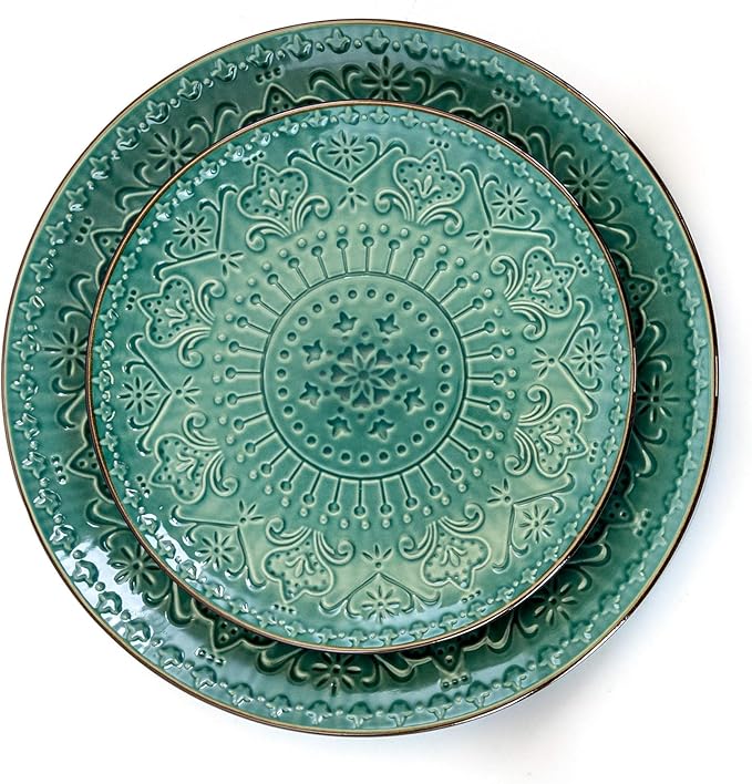 16 Piece Sea Foam Mosaic Stoneware Dinnerware Set – Textured Mandala Plates Complete Setting for 4