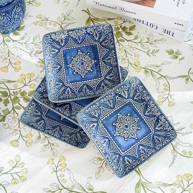Sungmor Embossed Stoneware Fine Dining Dinnerware Antique Baroque Style Porcelain 6 Inch Square Appetizer Plates Set of 4 Sophisticated Ceramic Small Dinner Plates Serving Dish for Dessert Salad