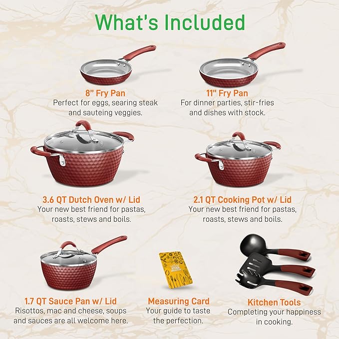 NutriChef 11-Pcs Non-Stick Kitchenware Pots &amp Pans - Stylish Kitchen Cookware Set w/Elegant Diamond Pattern Gray Inside &amp Red Outside Cool-Touch Handles