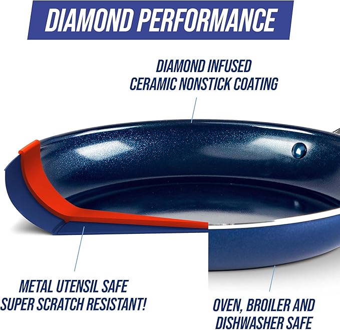 Blue Diamond Cookware Diamond Infused Ceramic Nonstick 4 Piece Cookware Pots and Pans Set PFAS Free Dishwasher Safe Oven Safe Blue