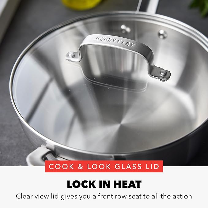 GreenPan x Bobby Flay Stainless Steel 3.75QT Saucepan &amp Glass Lid Professional Grade Tri-Ply Chefs Pan Multiclad Induction Suitable Dishwasher &amp Oven Safe Stay Cool Silicone HandleChip F