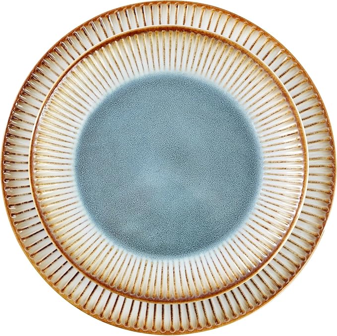16 Piece Stoneware Dinnerware Set Blue and Beige Plates and Bowls Microwave &amp Dishwasher Safe Dinner Set for 4 (Beige &amp Blue)