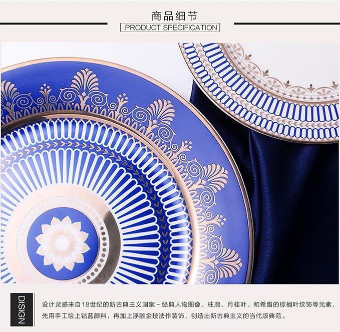 European Style Dinnerware Set Service for 6 Bone China Dinnerware Sets Unbreakable Porcelain Dinner Sets Coffee Cup and Saucer Tableware Set Steak Dinner Plates Dish Set Lan Yaojin-07