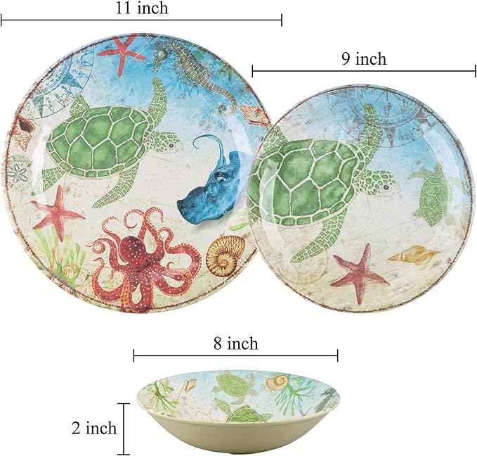 Supreme Housewares 12-Piece Melamine Dinnerware Set Includes Dinner Plates Salad Plates Bowls Service for 4. (Sea Turtle)