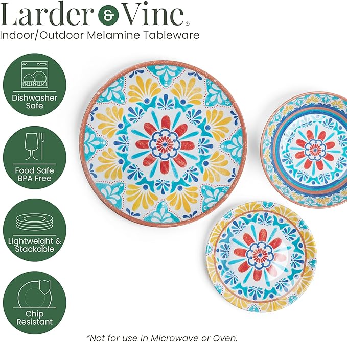 Larder &amp Vine 12-Piece Melamine Dinnerware Set: Durable Lightweight Break-Resistant Plates &amp Bowls – Stylish Non-Toxic Dishwasher Safe – Ideal for Everyday Use Indoor &amp Outdoor Dining