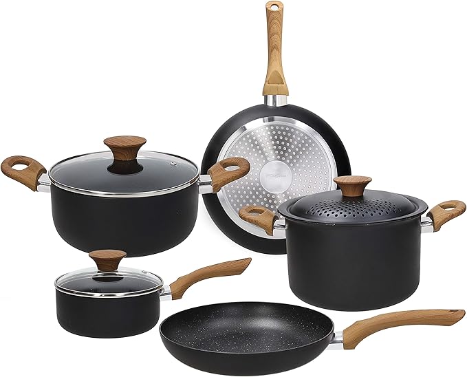 Tognana Rock In Wood Cookware Set with 2 Frying Pans 2 Saucepans 1 Pasta 2 Transparent Lids 1 Lid with Holes 8 Pieces Aluminium Black
