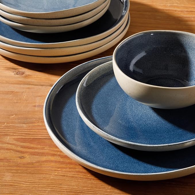 Gibson Elite Manila Bay 12-Piece Stoneware Dinnerware Set Service for 4 Reactive Glaze Modern Artisan Plates Bowls &amp Mugs Blue Round Design
