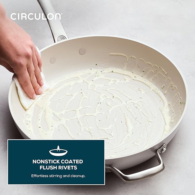Circulon Halo with LaserDefense Ceramic Nonstick Frying Pan with Helper Handle and Lid Made without PFAS Compatible with All Stovetops Dishwasher and Oven Safe 12 Inch Skillet - Pearl White