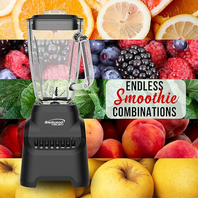 Brentwood Select JB-500BK 10-Speed Countertop Blender with Pulse Button 5.3-Cup Glass Jar Stainless Steel Blades Non-Slip Base Dishwasher-Safe Parts Black