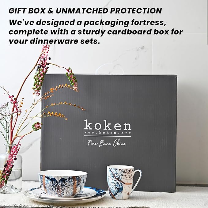 KOKEN - Ocean Blue 16 Piece Dinnerware Set (Service for 4) fine bone china - Dish Plates and Bowls Sets Service for 4 Dinner Salad Dessert Plates and Cereal Bowls Set Blue - Microwave safe