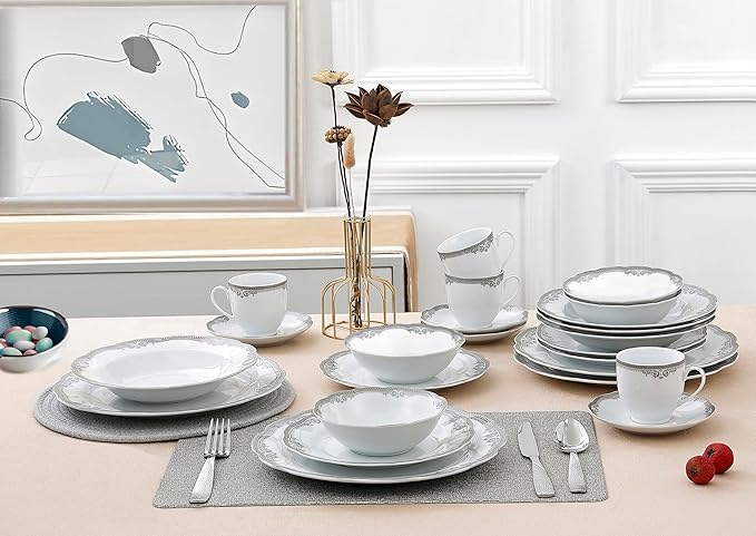 Lorren Home Trends Elizabeth-24 24 Piece Elizabeth Design Porcelain Wavy Edge Dinnerware Set White