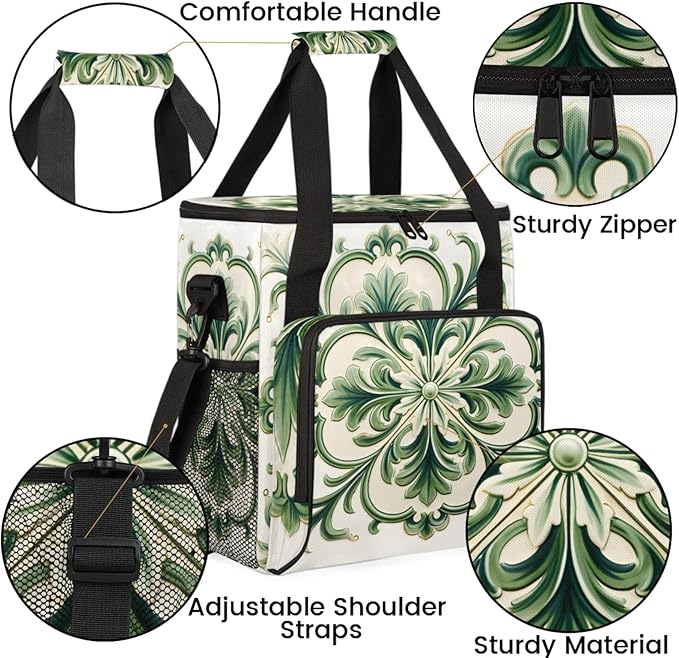 Green Floral Pattern Coffee Maker Travel Bag for Keurig K-Mini/K-Mini Plus Insulated Waterproof Tote with Pockets for K-Cup Portable Single-Serve Brewer Case