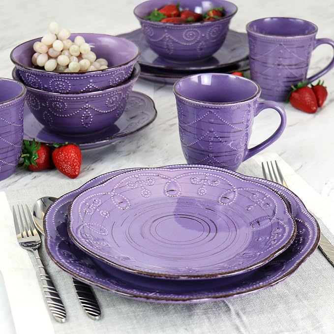 Elama Rustic Birch 16 Piece Stoneware Dinnerware Set in Purple Purple with Brown Accents (EL-RUSTICBIRCH)