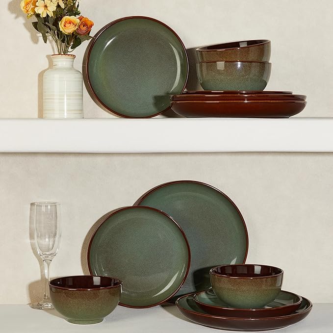 Stoneware Dinnerware Sets 12-Piece Ceramic Plates and Bowls Sets for 4 Sage Green Microwave and Dishwasher Safe 10 Inch Dinner Plates 8.2 Inch Salad Plates 5.4 Inch Bowls