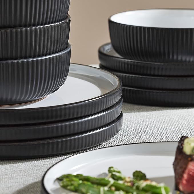 Christian Siriano Laro 12-Piece Stoneware Dinnerware Set Plates and Bowls Set Microwave and Dishwasher Safe Dish Set for 4 Black