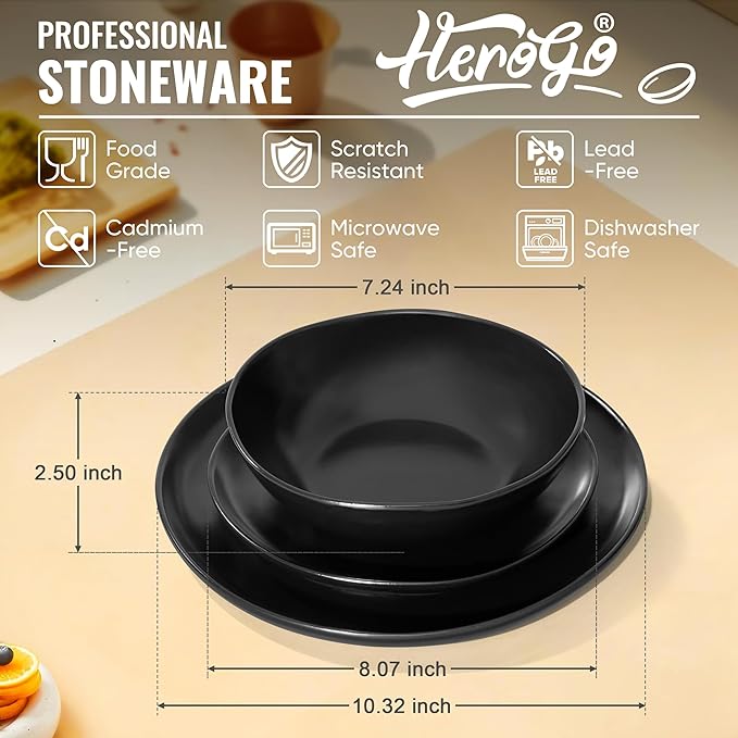 Herogo Stoneware Dinnerware Sets for 6 18 Piece Ceramic Dinner Dishes Set Irregular Handmade Plates and Bowls Dishware Crack and Scratch Resistant Reactive GlazeMatte Black