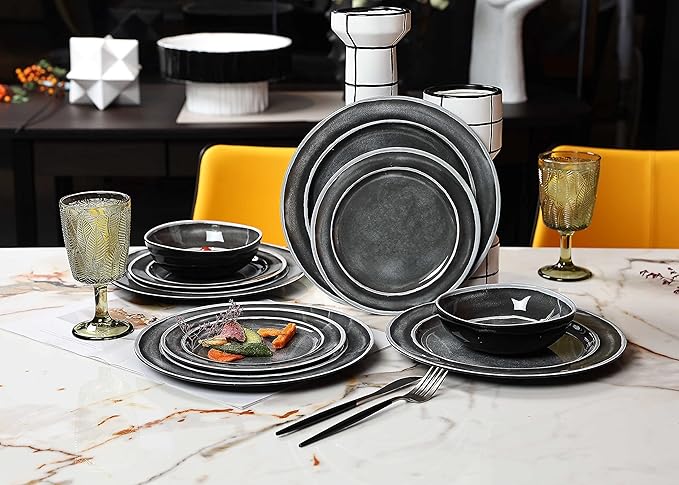 Melamine Dinnerware Sets- 12pcs Melamine Plates and Bowls Set for 4 Suitable for Indoor and Outdoor Use Black