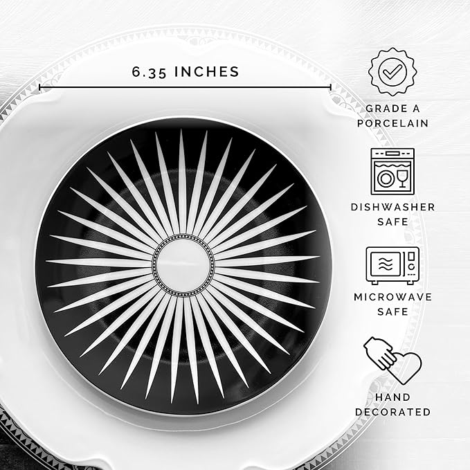 Caskata Unique Design Appetizer Plates Set of 4 | High-Design Lead-Free Porcelain Dinnerware Dessert Plates Set | Black Dinnerware Set for Entertaining Everyday Wedding or Birthday Gifts | 6.35 in