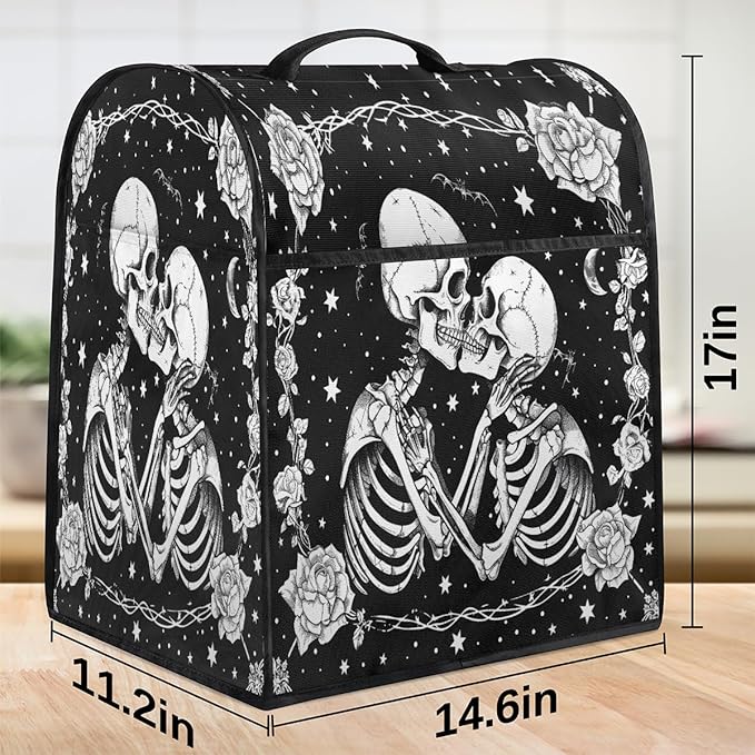 Kitchen Aid Mixer Cover Halloween Flower White Skull Stand Mixer Cover Compatible with 6-8 Quarts Stand Mixers Dust Covers with Zipper Pocket Foldable Washable Kitchen Aid Organizer Bag