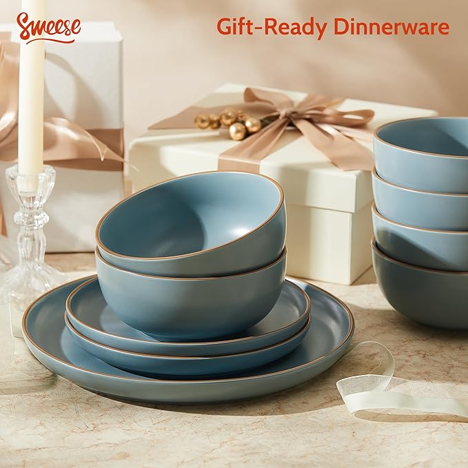 Sweese Dinnerware Sets Service for 6 18 pcs Matte Glaze Plates and Bowls Sets Handmade Porcelain Dish Set Highly Chip and Crack Resistant Modern Dinner Set Dark Blue