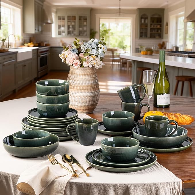 GBHOME Ceramic Dinnerware Sets for 8 24 Pieces Stoneware Plates and Bowls Sets Reactive Glaze Dishes -Scratch Resistant Dishwasher&ampMicrowave Safe Earth Green