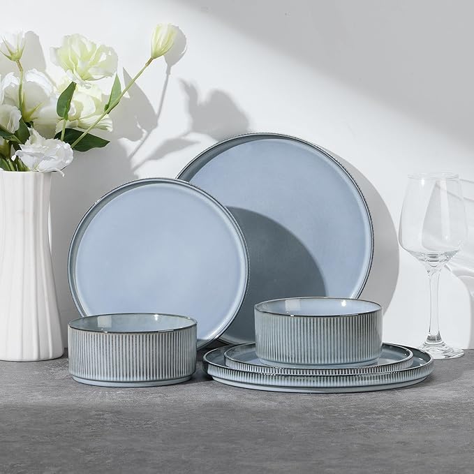 E-far Stoneware Dinnerware Sets for 2 6-Piece Plates and Bowls Sets Chip &amp Scratch Resistant Ribbed Dish Set for Home Restaurant Microwave &amp Dishwasher Safe Dusty Blue