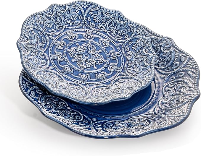 Sungmor Embossed Stoneware Fine Dining Dinnerware Antique Baroque Style Porcelain Dinner Plates Set of 2 (8.5 Salad Plate &amp 11 Dinner Plate) Sophisticated Ceramic Serving Platters for Table De