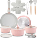 NutriChef 18-Piece Ceramic Cookware Set with Detachable Handles Non Stick Pots and Pans PTFE-Free Natural Ceramic Coating Space-Saving Design Oven &amp Stove Safe Includes Utensils Pink