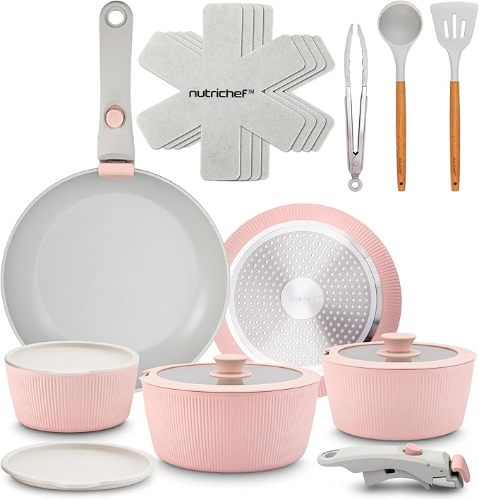 NutriChef 18-Piece Ceramic Cookware Set with Detachable Handles Non Stick Pots and Pans PTFE-Free Natural Ceramic Coating Space-Saving Design Oven &amp Stove Safe Includes Utensils Pink