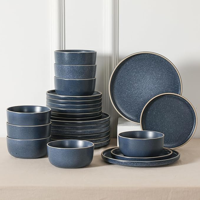Earth &amp Clay Amber 12-Piece Dinnerware Set Stoneware Dishwasher and Microwave Safe Plates and Bowls Set Dish Set for 4 Blue
