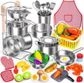 Kids Pretend Play Kitchen Toys Accessories Set 32 Items Stainless Steel Toy Pots and Pans Sets w/ Rack Organizer Metal Cooking Utensils &amp Apron Play Food w/ Basket for Kids Girls Boys Toddlers