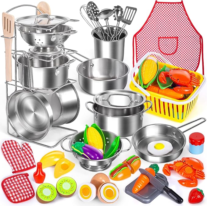 Kids Pretend Play Kitchen Toys Accessories Set 32 Items Stainless Steel Toy Pots and Pans Sets w/ Rack Organizer Metal Cooking Utensils &amp Apron Play Food w/ Basket for Kids Girls Boys Toddlers