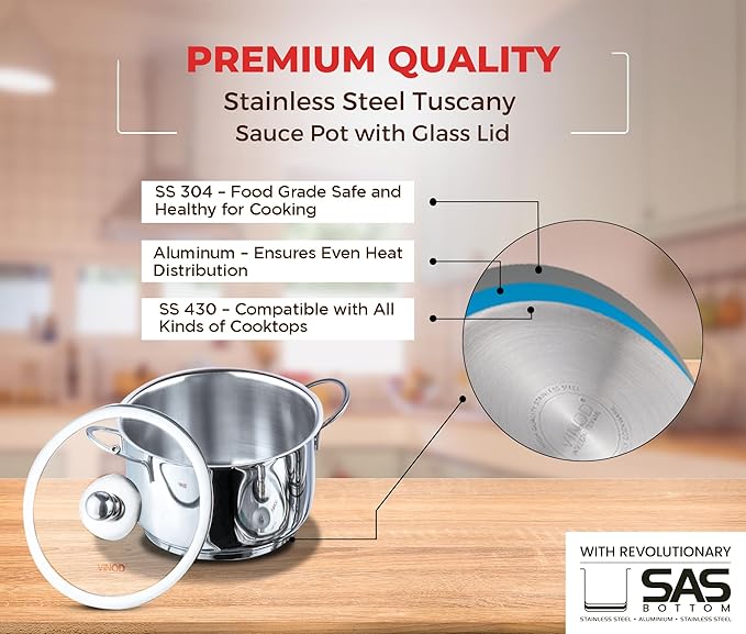 Vinod Stainless Steel Induction Friendly Tuscany Set 5 Pieces - Saucepan (14 cm/1.3 Litre) 3 Cassseroles (14 cm16 cm &amp 18 cm/1.32 &amp 2.8 Litre) Frypan (18 cm) &amp 3 Glass Lids