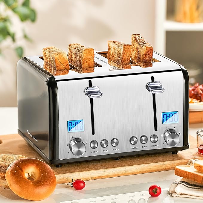 Roter Mond Countdown Stainless Steel 4 Slice Toaster with Bagel Defrost Cancel Function Dual Toaster Extra Wide Slots 6 Shade Settings Removable Crumb Trays 1650W Black