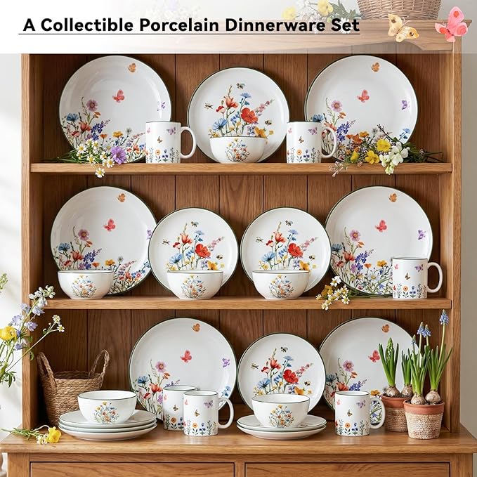 Pickmesh 16 Pcs Wildflower Ceramic Dinnerware Set for 4 Guest Floral Dish Set Spring Butterfly Dinner Plates Salad Plates Bowl Mug Kitchen Gift for Spring Kitchen Holiday Party Decoration