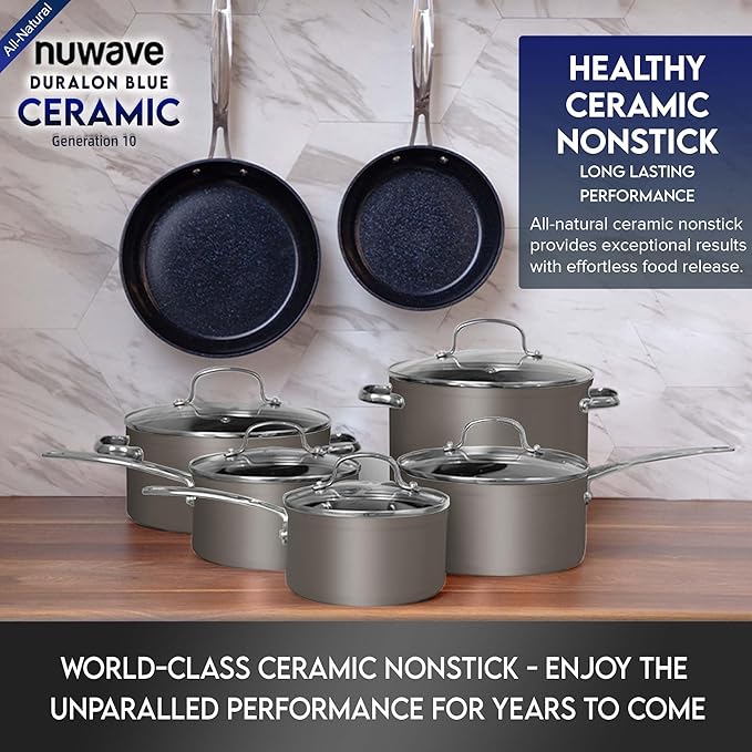 Healthy Duralon Blue Ceramic Nonstick Cookware Set Diamond Infused Scratch-Resistant PFAS Free Dishwasher &amp Oven Safe Induction Ready &amp Evenly Heats Tempered Glass Lids &amp Stay-Cool Ha
