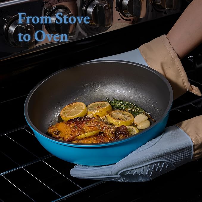 CAROTE 21pcs Pots and Pans Set Nonstick Cookware Set Detachable Handle Induction Kitchen Cookware Sets Non Stick with Removable Handle RV Cookware Set Peacock Blue