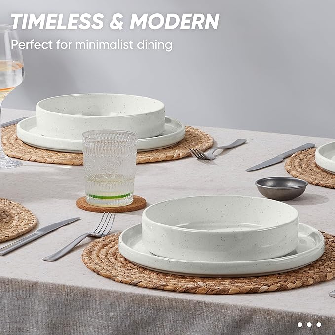 E-far 16-Piece Plates and Bowls Sets - Stoneware Dinnerware Sets with Pasta Bowls for 4 | Microwave &amp Dishwasher Safe Kitchen Modern Dish Set Speckled White