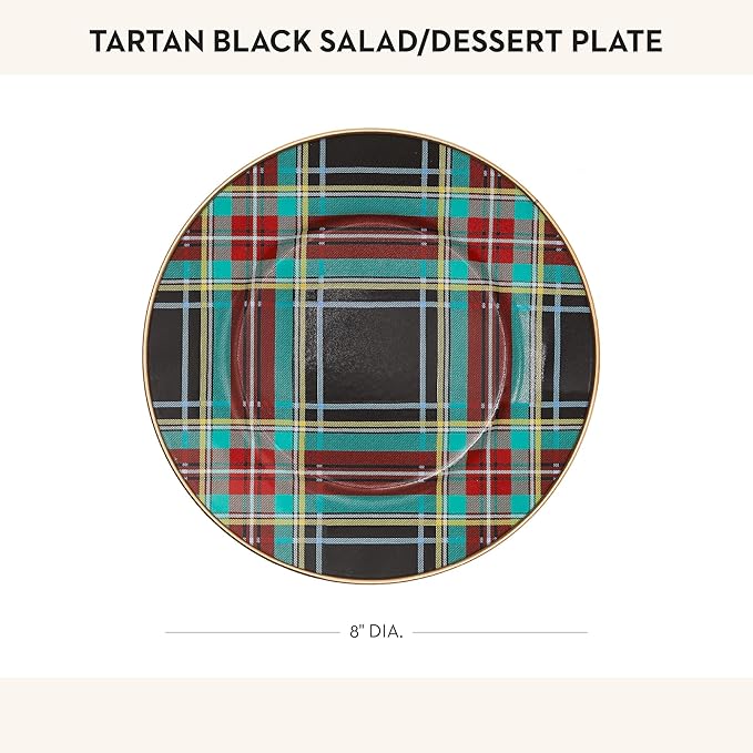 MACKENZIE-CHILDS Enamel Salad and Dessert Plate Small Plate for a Dessert or Appetizer Dish 8 Inches Black Tartan