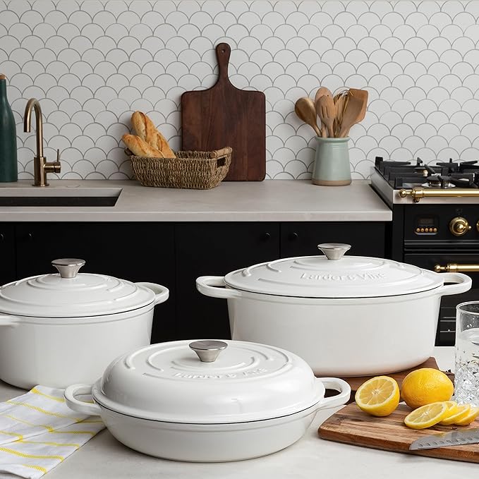 Larder &amp Vine 6-Piece Enameled Cast Iron Pan Cookware Sets Includes 8 Quart and 5.7 Quart Dutch Oven with Lids Braiser/Crock Pot with Lid (White)