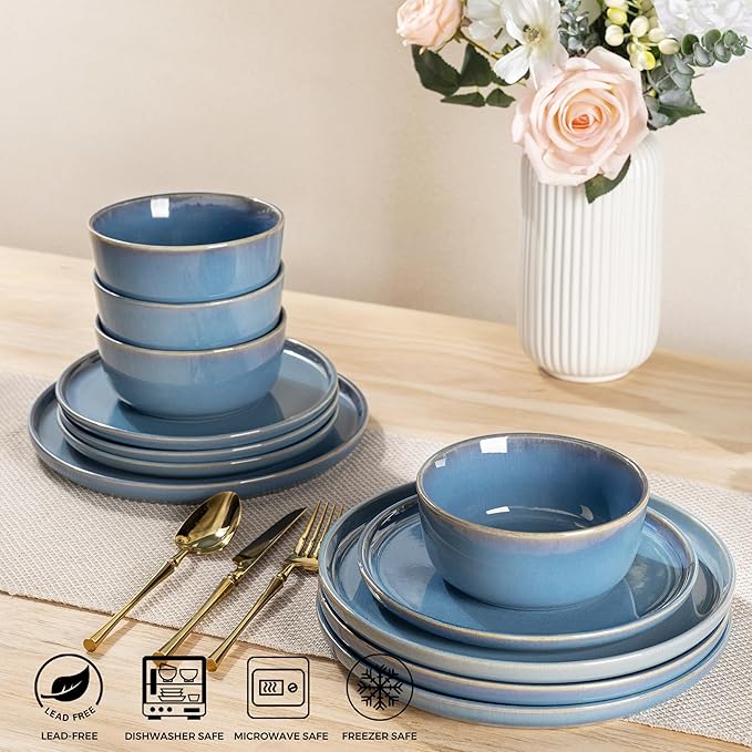 GBHOME Ceramic Dinnerware Sets for 4 12 Pieces Stoneware Plates and Bowls Sets Reactive Glaze Dishes -Scratch Resistant Dishwasher&ampMicrowave Safe-Alaskan Blue