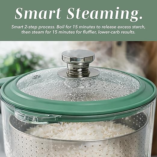 COOK WITH COLOR 3L Glass Mini Low Carb Rice Cooker – Holds 2 Cups Raw/Makes 6 Cups Cooked with Auto Lift Filter Basket Hotpot &amp Steamer for Rice Grains Digital Panel with Keep Warm Dark Sage