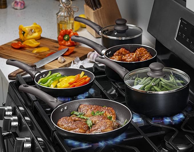 Pots and Pans Set Aluminum Nonstick Cookware Set Fry Pans Casserole with Lid Sauce Pan and Utensils 11 Piece Cooking Set (Black)