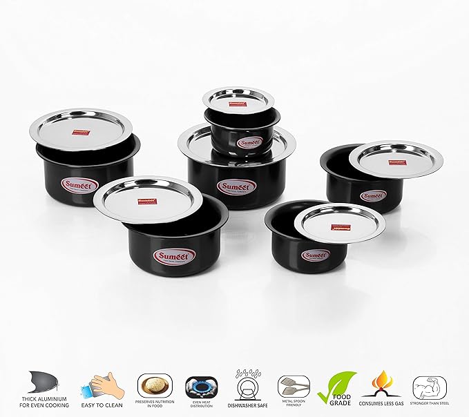 Sumeet Aluminium Tope Set 0.5L 0.9L 1.4L 1.8L 2.3L 2.9L 6 Piece (Black)
